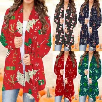 Женский повседневный кардиган с длинными рукавами и рождественской цифровой печатью XL зелёный