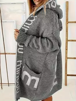 Женский повседневный кардиган с капюшоном и принтом алфавита, длинными рукавами, открытым передом, высокой эластичностью и карманами - мягкий, дышащий и удобный 1XL озеро синий