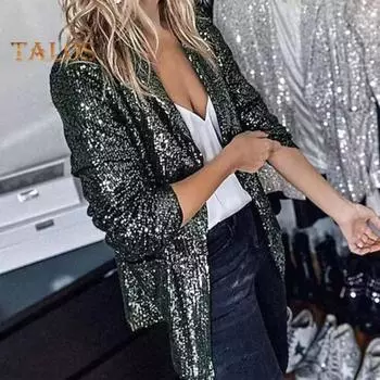 Женский повседневный кардиган с лацканами, длинным рукавом и открытой передней частью, пальто, однотонная куртка свободного покроя с блестящими пайетками, клубная одежда M вино красного