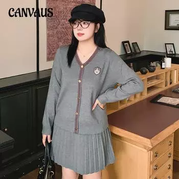 Женский повседневный кардиган с юбкой и жакетом больших размеров в стиле преппи из двух предметов XL серый