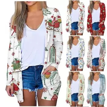 Женский повседневный кардиган средней длины с цветочным рождественским принтом XL киноварь