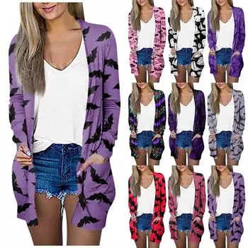 Женский повседневный кардиган, топ с длинными рукавами и карманами с принтом на Хэллоуин XXXXXL светло-фиолетовый