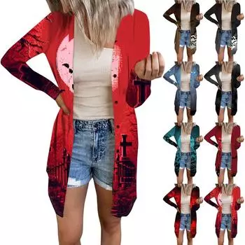 Женский повседневный кардиган, топ с длинными рукавами и карманами с принтом на Хэллоуин S синий