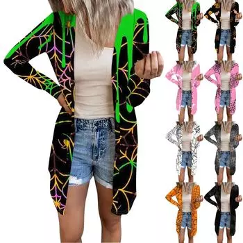 Женский повседневный кардиган, топ с длинными рукавами и карманами с принтом на Хэллоуин XXL серый