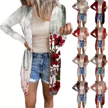 Женский повседневный кардиган, топ с длинными рукавами и карманами с принтом на Хэллоуин XXXXL