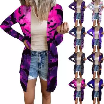 Женский повседневный кардиган, топ с длинными рукавами и карманами с принтом на Хэллоуин XL оранжевый