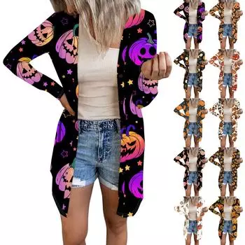Женский повседневный кардиган, топ с длинными рукавами и карманами с принтом на Хэллоуин L верблюд