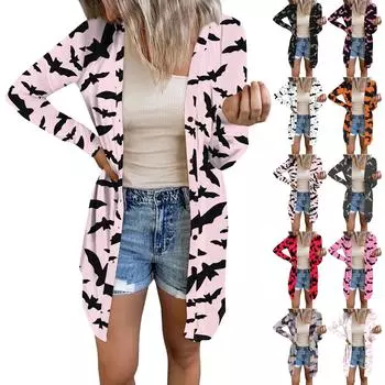 Женский повседневный кардиган, топ с длинными рукавами и карманами с принтом на Хэллоуин L