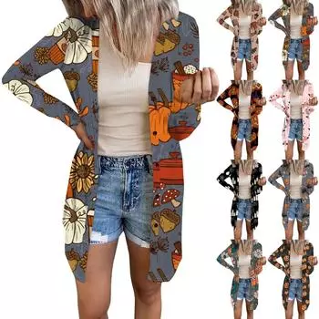 Женский повседневный кардиган, топ с длинными рукавами и карманами с принтом на Хэллоуин XXL чёрный