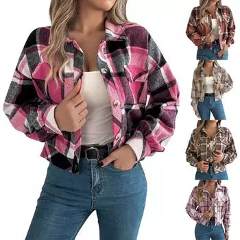 Женский повседневный клетчатый кардиган с длинными рукавами и имитацией кармана из твида на пуговицах L кофейный