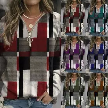 Женский повседневный клетчатый свитер на молнии с длинными рукавами и v-образным вырезом L армия зеленый