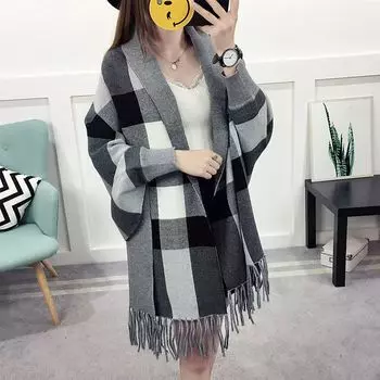 Женский повседневный клетчатый женский вязаный свитер с кисточками, толстый платок, кардиганы для осенних и зимних нарядов one size красный