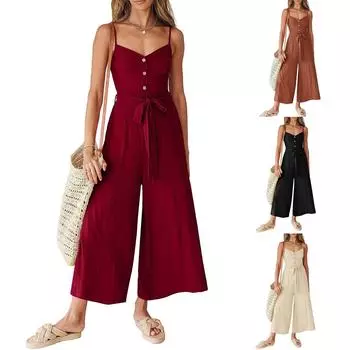Женский повседневный комбинезон без рукавов на пуговицах, свободные комбинезоны с широкими штанинами, комбинезон с поясом L бежевый