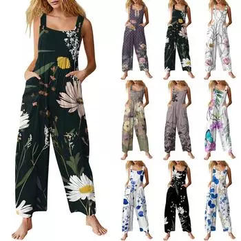 Женский повседневный комбинезон без рукавов с цветочным принтом из хлопка L бежевый