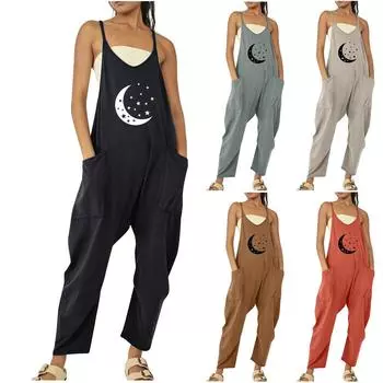 Женский повседневный комбинезон без рукавов с нерегулируемыми бретелями, свободные брюки с отделкой на молнии и карманами L чёрный