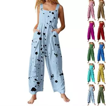 Женский повседневный комбинезон без рукавов с принтом в горошек из хлопка L армия зеленый