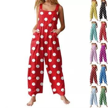 Женский повседневный комбинезон без рукавов с принтом в горошек из хлопка L чёрный