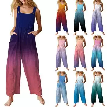 Женский повседневный комбинезон без рукавов с принтом в градиентную полоску из хлопка L синий