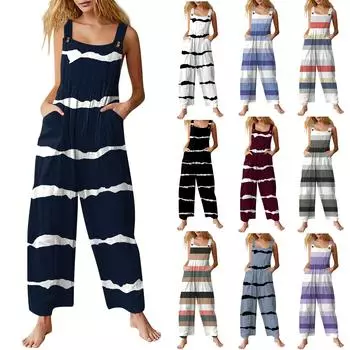 Женский повседневный комбинезон без рукавов с принтом в градиентную полоску из хлопка L синий