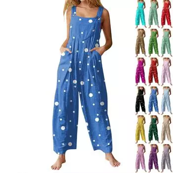 Женский повседневный комбинезон без рукавов с принтом в горошек из хлопка L армия зеленый