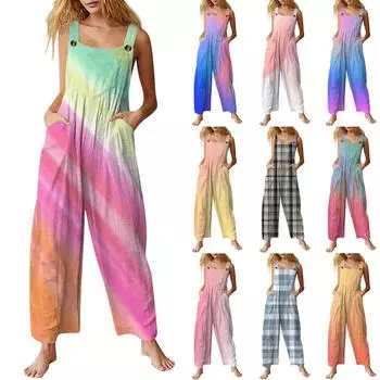 Женский повседневный комбинезон без рукавов с принтом в градиентную полоску из хлопка L синий