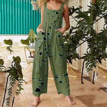 Женский повседневный комбинезон без рукавов с принтом в горошек из хлопка S синий