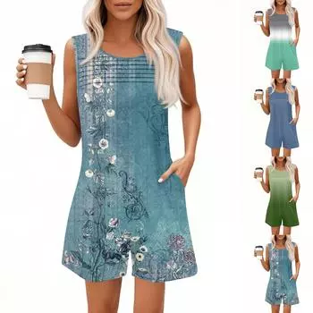 Женский повседневный комбинезон без рукавов с топом и шортами с карманами S зелёный