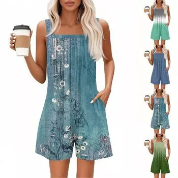 Женский повседневный комбинезон без рукавов с топом и шортами с карманами M зелёный