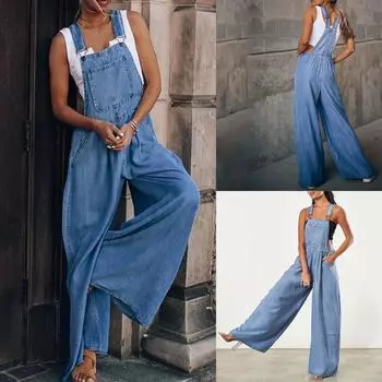 Женский повседневный комбинезон без рукавов, свободные брюки, декоративный комбинезон с карманами L синий