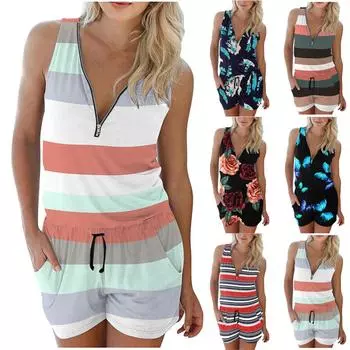 Женский повседневный комбинезон без рукавов в полоску с принтом L розовый