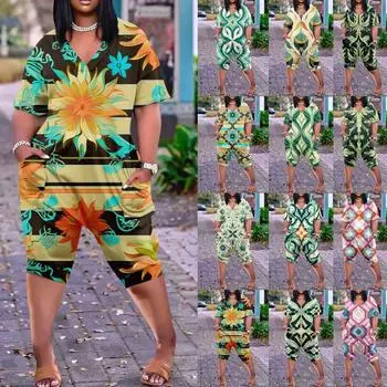 Женский повседневный комбинезон больших размеров с принтом, коротким рукавом, V-образным вырезом, пятью точками и карманами L