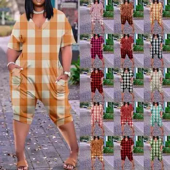 Женский повседневный комбинезон больших размеров с принтом, коротким рукавом, V-образным вырезом, пятью точками и карманами L чёрный