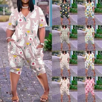 Женский повседневный комбинезон больших размеров с принтом, коротким рукавом, V-образным вырезом, пятью точками и карманами L синий