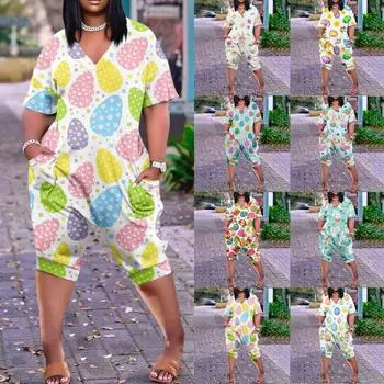 Женский повседневный комбинезон больших размеров с принтом, коротким рукавом, V-образным вырезом, пятью точками и карманами L синий