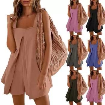 Женский повседневный комбинезон, летние шорты без рукавов, комбинезон с карманом L чёрный