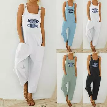 Женский повседневный комбинезон с карманом и принтом рыбы в стиле бохо, длинный комбинезон с ремешком и пуговицами L белый