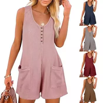 Женский повседневный комбинезон с круглым вырезом и карманами без рукавов, майка на пуговицах, шорты, комбинезон L чёрный