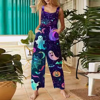 Женский повседневный комбинезон с принтом на Хэллоуин, хлопковый комбинезон без рукавов с принтом XXL
