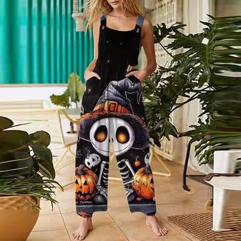 Женский повседневный комбинезон с принтом на Хэллоуин, хлопковый комбинезон без рукавов с принтом XXXXL чёрный