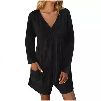 Женский повседневный комбинезон с V-образным вырезом, длинным рукавом и карманами, комфортные шорты M чёрный