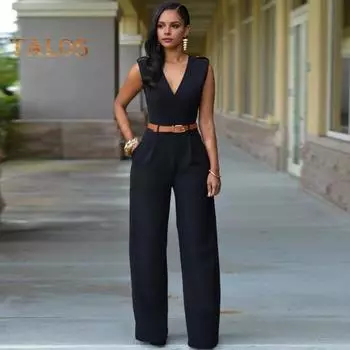 Женский повседневный комбинезон с v-образным вырезом без рукавов и поясом, повседневный облегающий комбинезон, однотонный комбинезон с широкими штанинами для офисной вечеринки, уличная одежда XL хаки