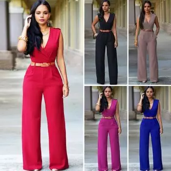 Женский повседневный комбинезон с v-образным вырезом без рукавов и поясом, повседневный облегающий комбинезон, однотонный комбинезон с широкими штанинами для офиса XL хаки