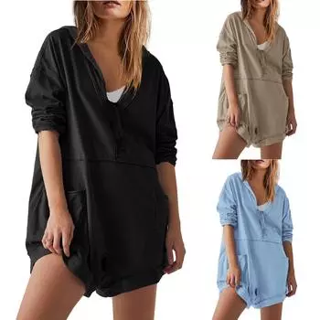 Женский повседневный комбинезон с V-образным вырезом, длинным рукавом и карманами, комфортные шорты M чёрный