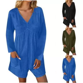 Женский повседневный комбинезон с V-образным вырезом, длинным рукавом и карманами, комфортные шорты M чёрный