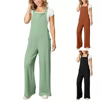 Женский повседневный комбинезон свободного кроя с широкими бретелями, без рукавов и карманом M армия зеленый