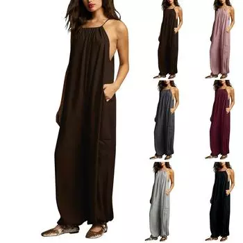 Женский повседневный комбинезон в стиле ретро, летний пляжный комбинезон без рукавов с круглым вырезом, однотонный повседневный модный комбинезон с широкими штанинами