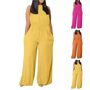 Женский повседневный комбинезон в стиле ретро, летний пляжный комбинезон без рукавов с круглым вырезом, однотонный повседневный модный комбинезон с широкими штанинами