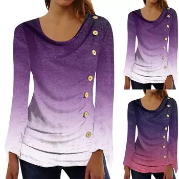 Женский повседневный комфортный плиссированный топ с длинным рукавом на пуговицах и принтом XL