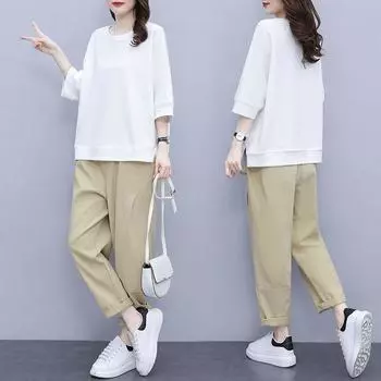 Женский повседневный комплект большого размера Slim Thin Section Set Top + Brackets Set 2 Piece Set 4XL белый