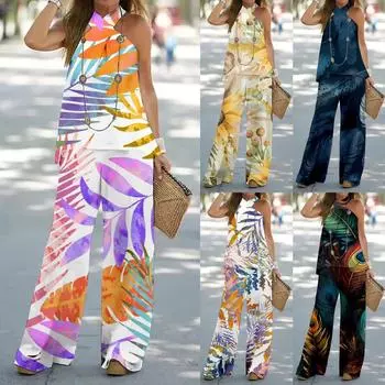 Женский повседневный комплект брюк с цветочным принтом и подвесным воротником без рукавов, эластичный пояс на талии L фиолетовый